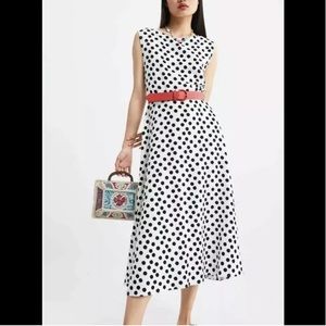 Polka dot midi dress with red belt